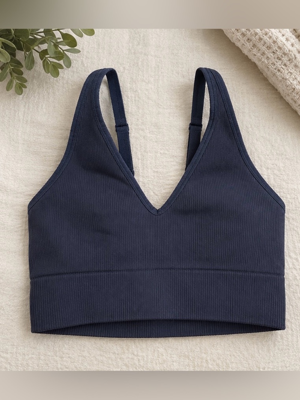 Garage Ribbed V-Neck Bra Top in Navy